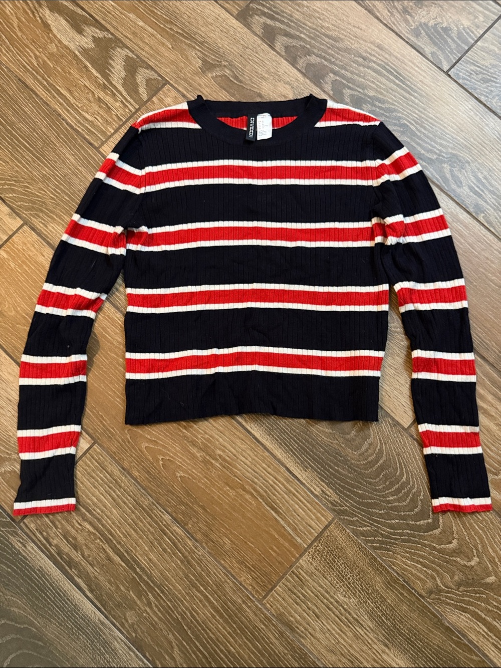 Divided Black, Red & White Striped Ribbed Long-Sleeve Top